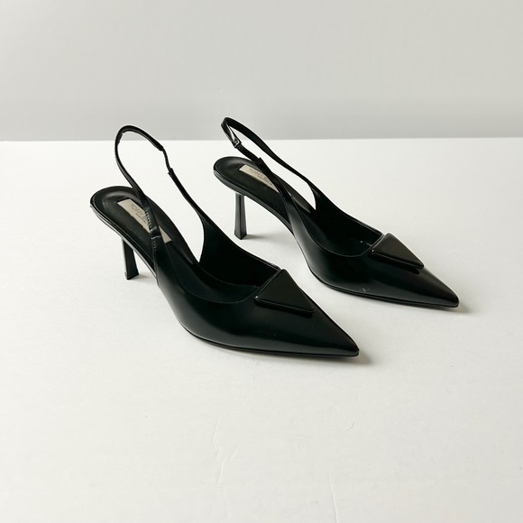 Tony Bianco Shoes - Tony Bianco Bertie Black Leather Pointed Toe Slingback Heels Triangle Plaque 7